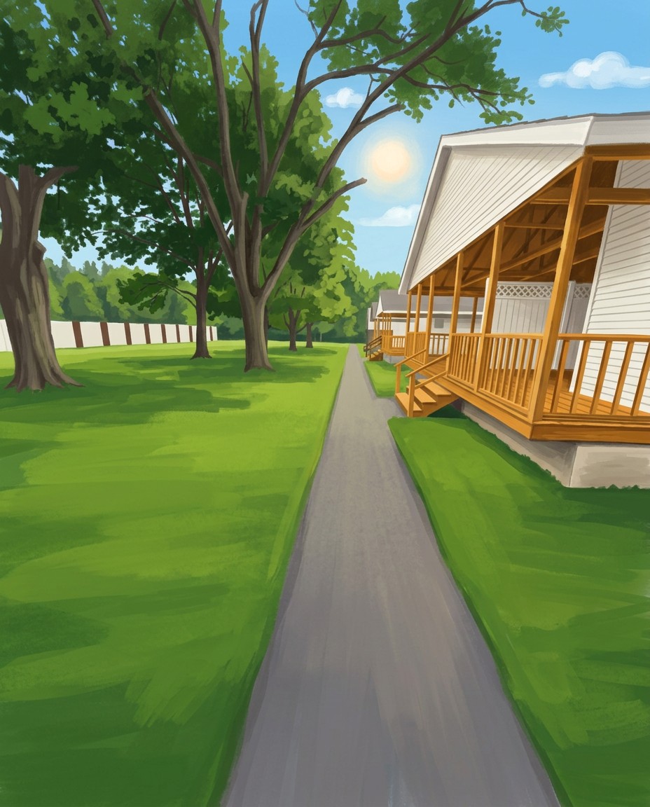 The main walk at Dynasty Cottages, with cottages and porches on the right and lawn under mature trees on the left